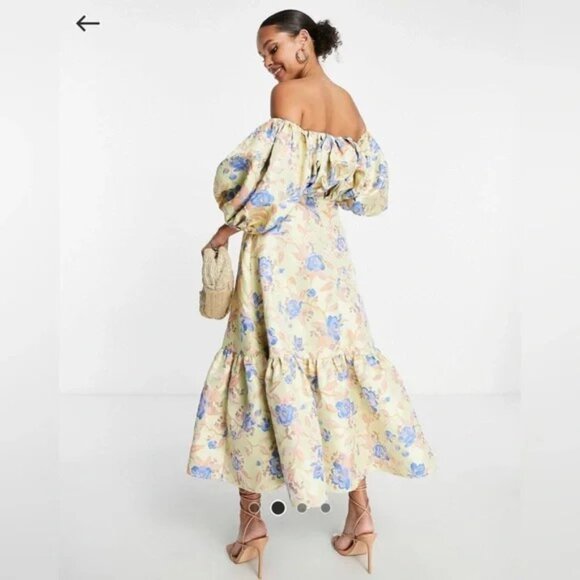 ASOS EDITION blouson off shoulder midi dress in floral jacquard Midi 8 NWT - Picture 2 of 14